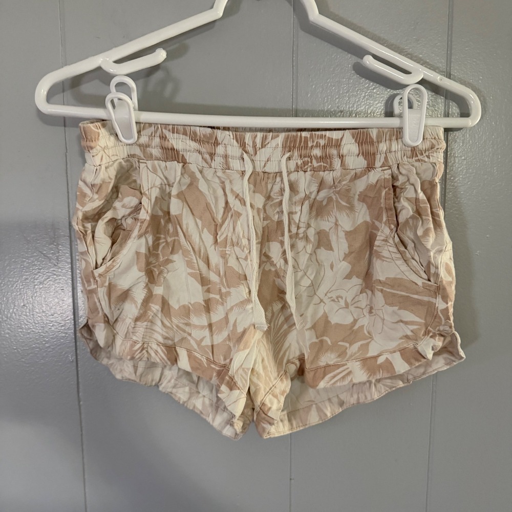 Billabong‎ Floral Shorts Womens S Tan Hibiscus Tropical Elastic Waist Drawstring